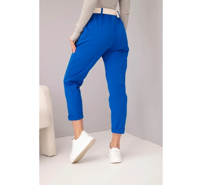 Dámské bavlněné kalhoty s páskem a ohrnutými nohavicemi chabrové Dámské bavlněné kalhoty s páskem a ohrnutými nohavicemi chabrové