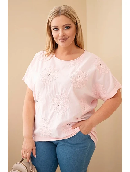 Dámská bavlněná halenka Plus Size s vyšívanými květinami cukrově růžová
