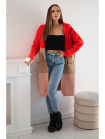 Pruhovaný svetr s kapucí červený+velbloudí+pudrově růžový
