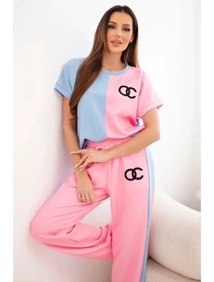 Dámský máslový komplet s oversize mikinou a širokými kalhotami světle růžová + modrá