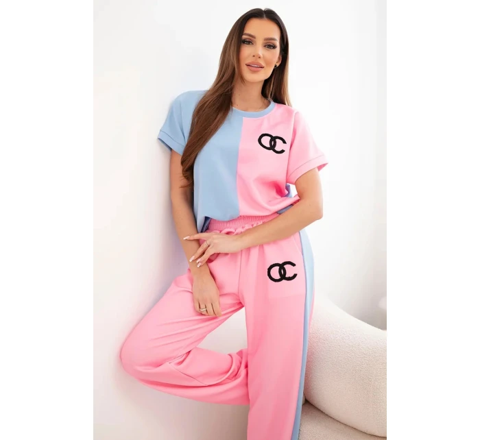 Dámský máslový komplet s oversize mikinou a širokými kalhotami světle růžová + modrá