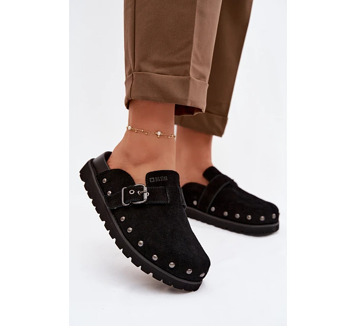 Zamsové pantofle na platformě s cvoky a sponou Big Star TT274951 Černé