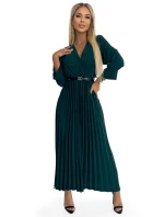Dámské plisované maxi šaty v lahvově zelené barvě s výstřihem, opaskem a 3/4 rukávy model 22124213 - numoco basic