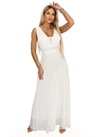 Dlouhé maxi šaty s a hlubokým výstřihem ecru barva model 22079727 - numoco basic Dlouhé maxi šaty s a hlubokým výstřihem ecru barva model 22079727 - numoco basic