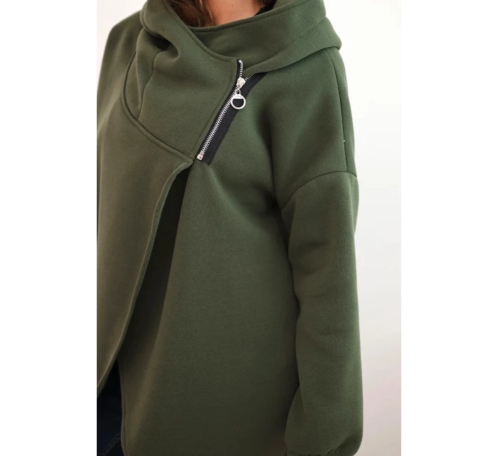 Dámská mikina s kapucí a asymetrickým zipem khaki