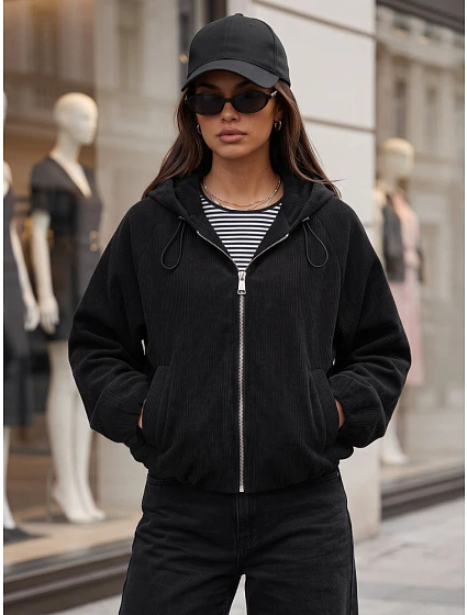 Dámská oversizeová kordová bunda s kapucí, černá, FashionStreet TY6062