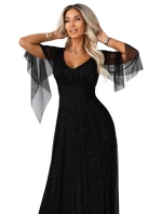 655-1 Dlouhé lehké třpytivé šaty s výstřihem a průhlednými rukávy - černé 655-1 Dlouhé lehké třpytivé šaty s výstřihem a průhlednými rukávy - černé