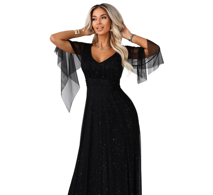 655-1 Dlouhé lehké třpytivé šaty s výstřihem a průhlednými rukávy - černé 655-1 Dlouhé lehké třpytivé šaty s výstřihem a průhlednými rukávy - černé