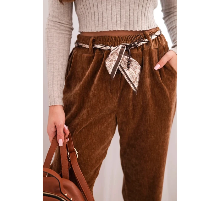 Dámské kalhoty z viskózy s šátkovým pásem camelová