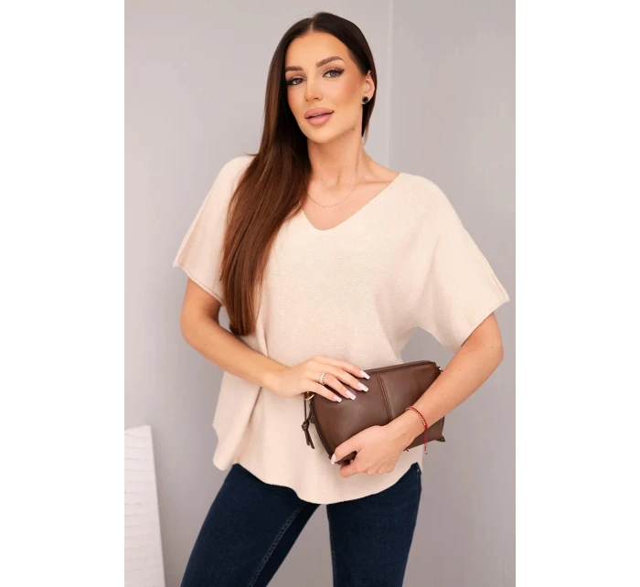 Dámská svetr s krátkým rukávem a výstřihem do V béžová