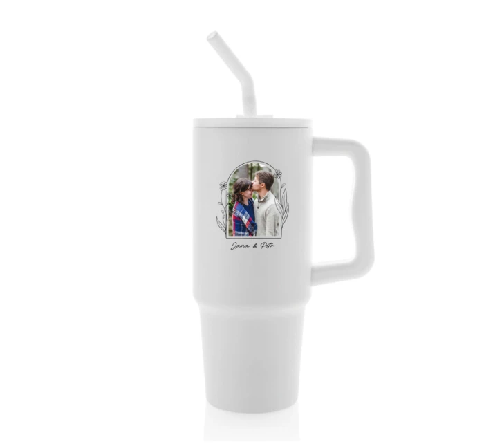 Personalizovaná termoska s barevným víčkem s květinovým ohraničením 