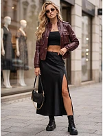 Dámská kožená bomber bunda v přechodném období, vínová, FashionStreet TY5873 Dámská kožená bomber bunda v přechodném období, vínová, FashionStreet TY5873