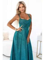 589-3 Dlouhé šaty s jemným třpytem a korzetovým zavazováním na zádech - zelené se třpytkami