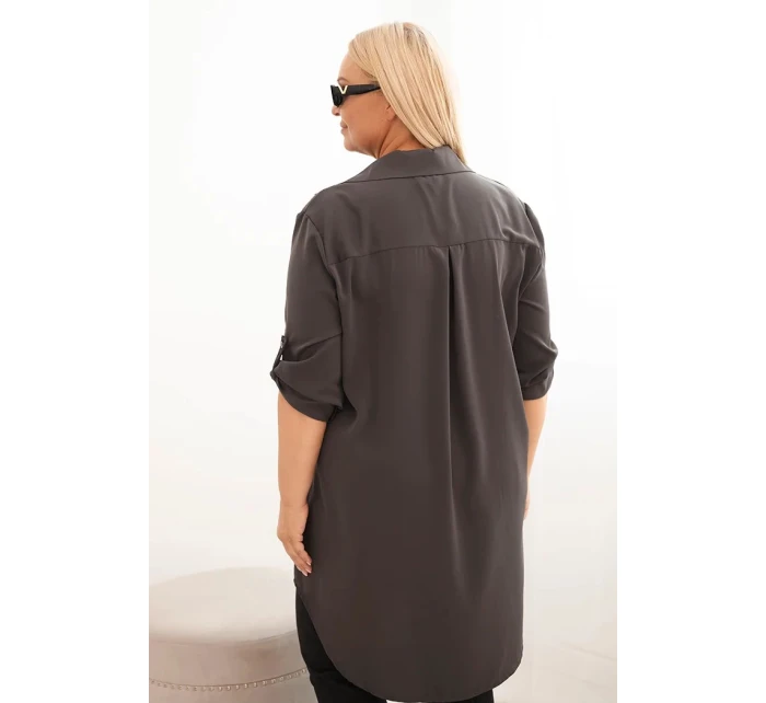 Dámská košilová šaty Plus Size s delší zadní částí a ohrnovacími rukávy grafitová