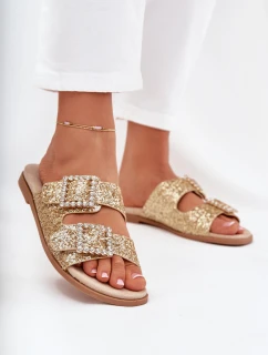 Lesklé zdobené pantofle s přezkami na plochém podpatku zlaté Tovira