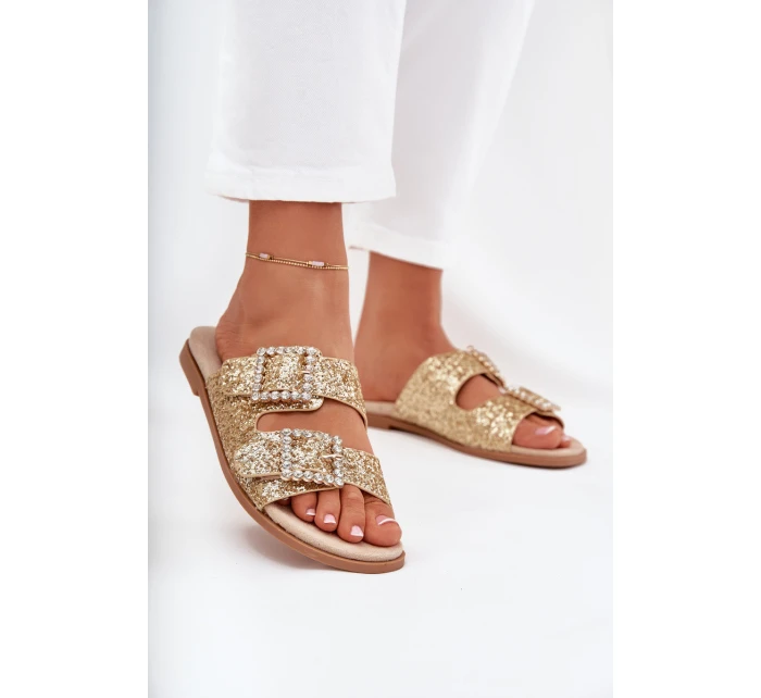 Lesklé zdobené pantofle s přezkami na plochém podpatku zlaté Tovira
