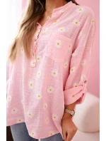 Lněná dámská halenka s květinovým vzorem, dlouhými rukávy a knoflíky Cukrová růžová Lněná dámská halenka s květinovým vzorem, dlouhými rukávy a knoflíky Cukrová růžová