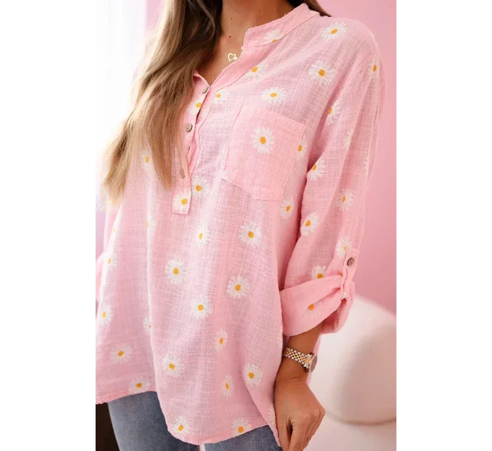 Lněná dámská halenka s květinovým vzorem, dlouhými rukávy a knoflíky Cukrová růžová Lněná dámská halenka s květinovým vzorem, dlouhými rukávy a knoflíky Cukrová růžová