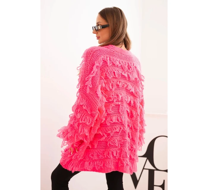 Dámský kardigan s třásněmi a volným střihem neonově růžový