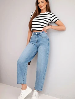 Dámské skater kalhoty s vysokým pasem a volnými nohavicemi jeansové modré