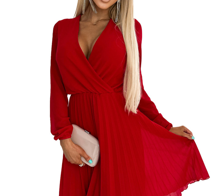 ISABELLE - Červené plisované dámské šaty s dlouhými rukávy a přeloženým obálkovým výstřihem 313-13