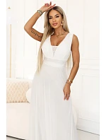 Dlouhé maxi šaty s a hlubokým výstřihem ecru barva model 22079727 - numoco basic Dlouhé maxi šaty s a hlubokým výstřihem ecru barva model 22079727 - numoco basic