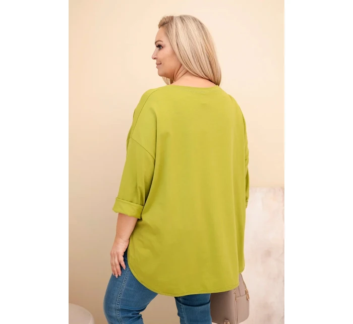 Dámská blůza Plus Size s bavlnou, kapsou a ohrnutým rukávem olivová