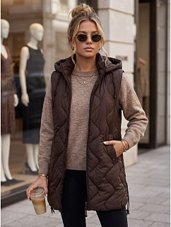 Dlouhá dámská prošívaná vesta s kapucí, čokoládová, FashionStreet TY6014