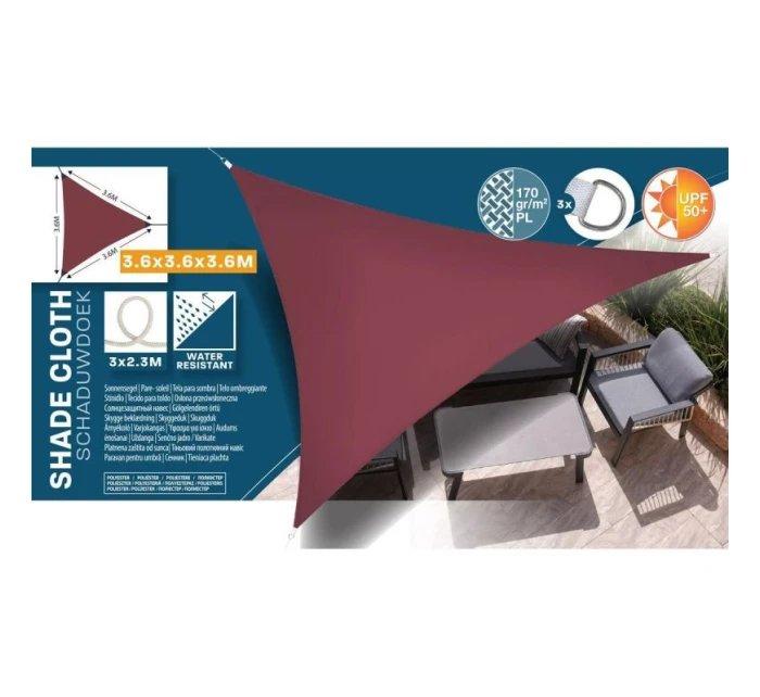 ZAHRADNÍ SLUNEČNÍK TROJÚHELNÍK 3,6X3,6X3,6M BORDÓ