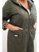 Dámská prošívaná bunda Plus Size s podšívkou v leopardím vzoru a kapucí khaki