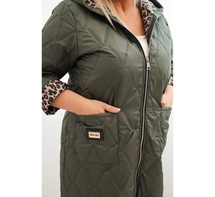 Dámská prošívaná bunda Plus Size s podšívkou v leopardím vzoru a kapucí khaki