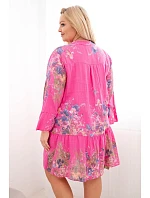 Dámské bavlněné šaty Plus Size s výstřihem do V a knoflíky květinový vzor fuchsiová