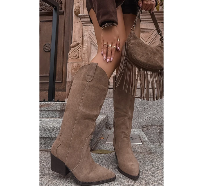 Kožené Semišové Kozačky Dámské Zateplené Khaki model 21714867 - Boto