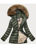 Lesklá zimní bunda v khaki barvě s mechovitou kožešinovou podšívkou (w674) Lesklá zimní bunda v khaki barvě s mechovitou kožešinovou podšívkou (w674)