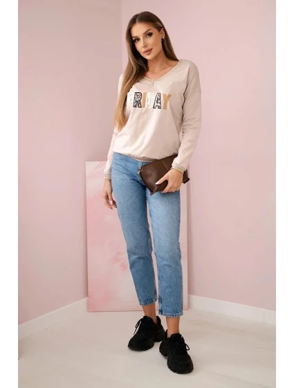Dámská mikina s flitrovým nápisem béžový Dámská mikina s flitrovým nápisem béžový