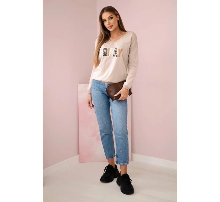 Dámská mikina s flitrovým nápisem béžový Dámská mikina s flitrovým nápisem béžový