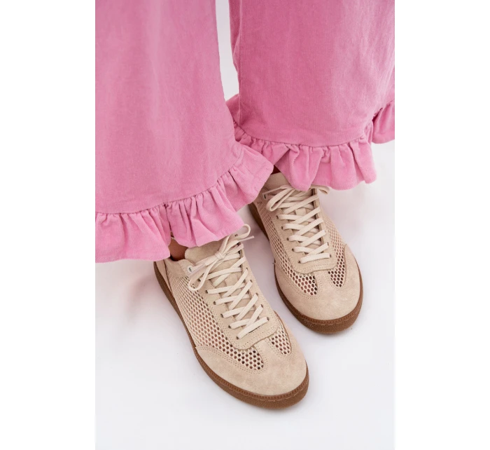 Kožené semišové dámské tenisky s síťovinou model 22027653 Béžové - Zazoo