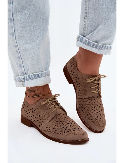 Kožené Semišové Dámské Polobotky S Otevřeným Vzorem Na Ploché Podpatku Zazoo 4156 Cappuccino