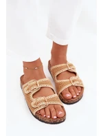 Dámské háčkované pantofle se zlatými přezkami – camel Fenira Dámské háčkované pantofle se zlatými přezkami – camel Fenira