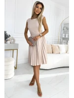 LILA Béžové dámské plisované šaty s krátkými rukávy a opaskem model 19581206 - numoco
