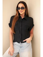 Dámská košile z viskózy s krátkým rukávem a kapsami černá Dámská košile z viskózy s krátkým rukávem a kapsami černá