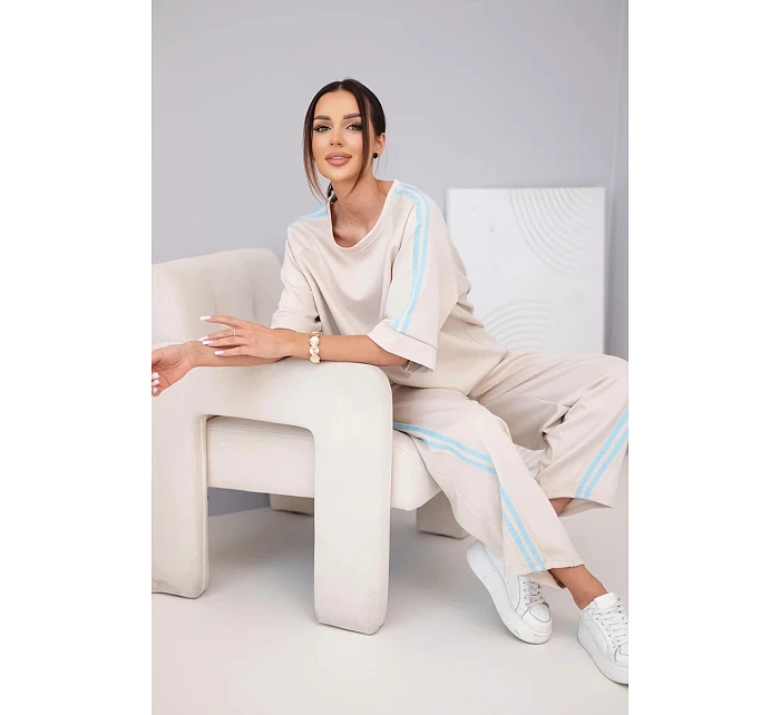 Dámský komplet máslový z viskózy mikina a kalhoty s lampasy béžový