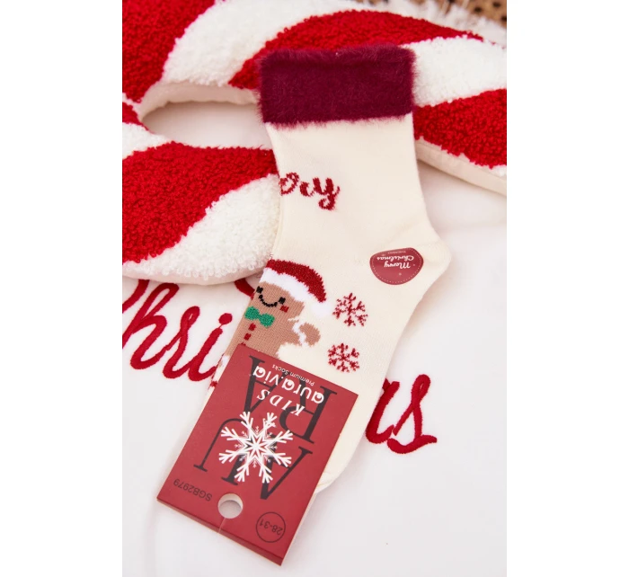 Dětské vánoční ponožky s motivem perníku, chlupem a vlnou alpaky – ecru