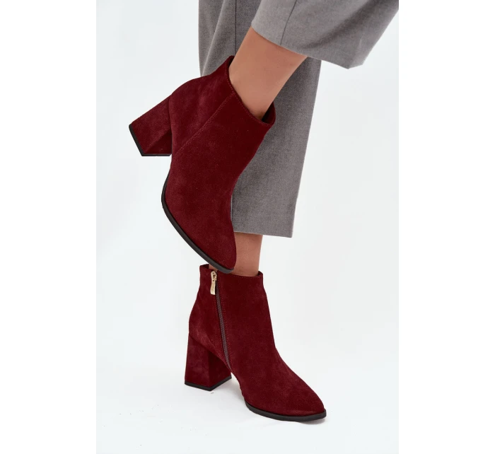 Dámské kotníkové boty z přírodního semiše na sloupkovém podpatku Zazoo – bordové