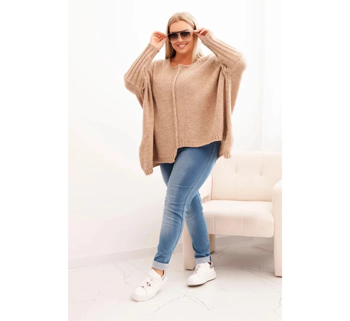 Dámský svetr Plus Size z model 21259032 volného střihu s 3/4 rukávem camelový - K-Fashion