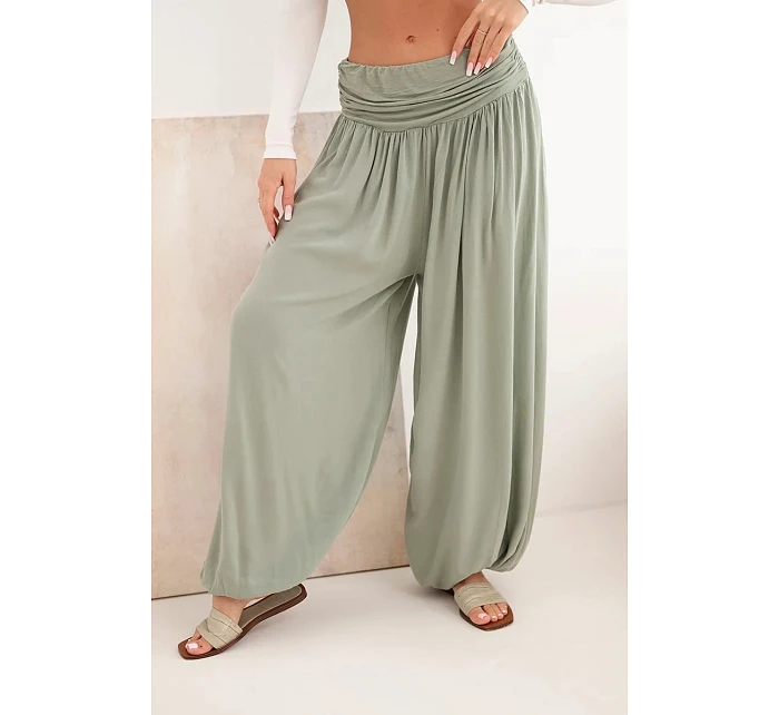 Dámské viskózové kalhoty se širokou nohavicí a řasením khaki