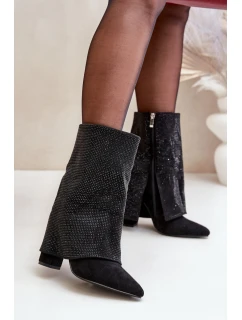 Zdobené Lesklé Kotníkové Boty S Otočeným Svrškem Na Podpatku Zateplené Černé Xistaria