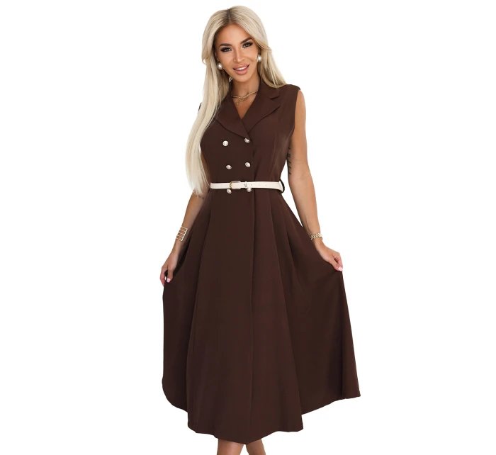 model 21232660 Elegantní midi košilka se zlatými knoflíky a páskem CHOCOLATE - numoco basic