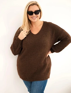 Dámský svetr Plus Size s vlnou s výstřihem do V hnědý