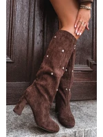 Dámské zateplené kozačky na podpatku s ozdobnými detaily Lucinda – čokoládové